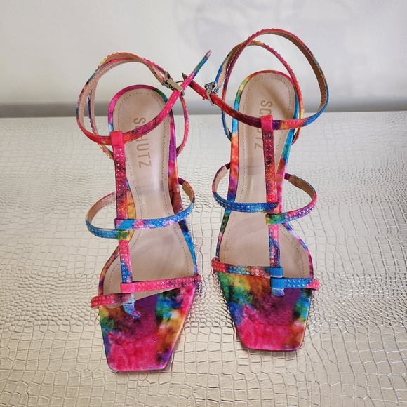 *HP* SCHUTZ multicolor spike heel Sandals leather sole ankle strap - Picture 5 of 13